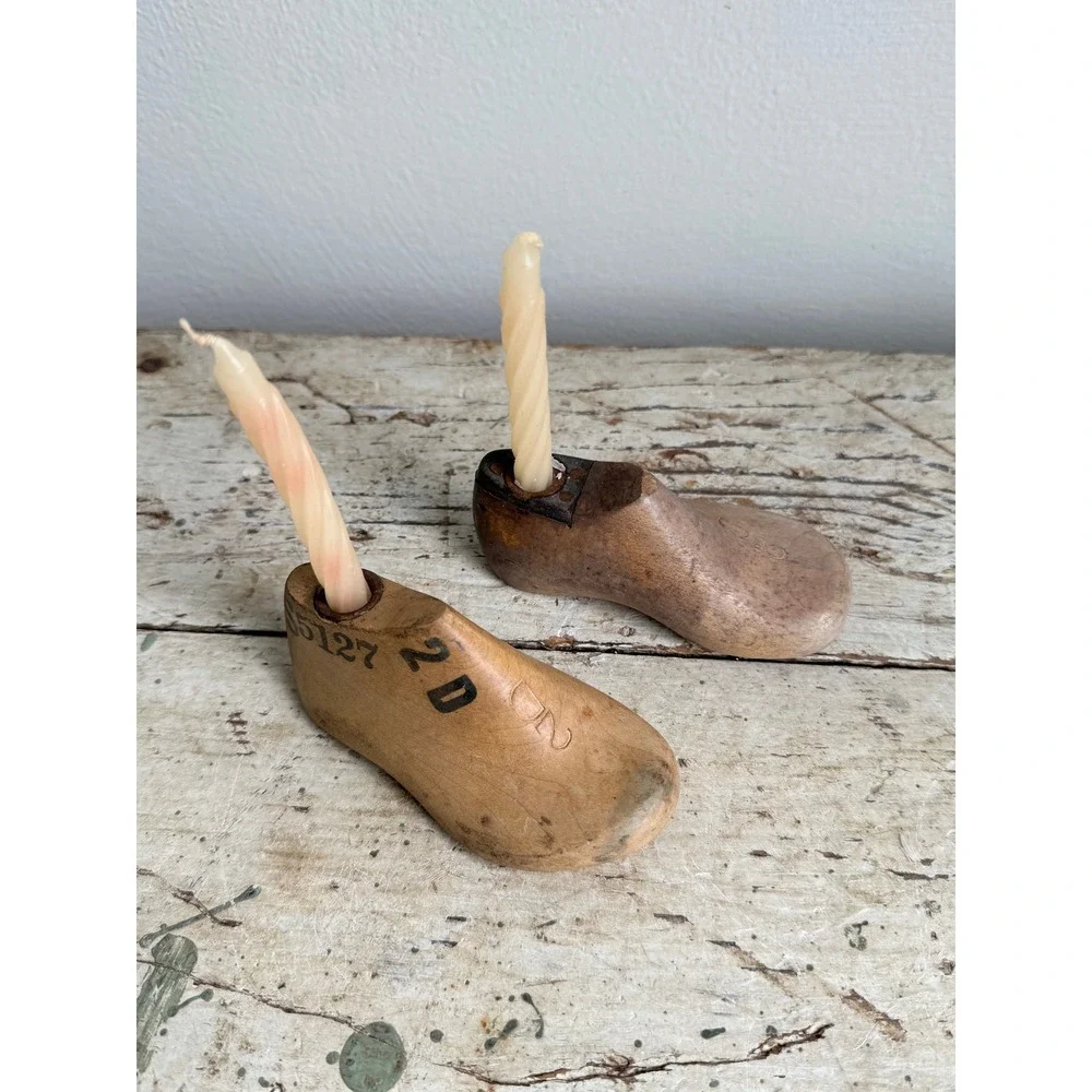 Vintage Wooden Shoe Last Candle Holders Child Size 4.5in Cobbler Forms